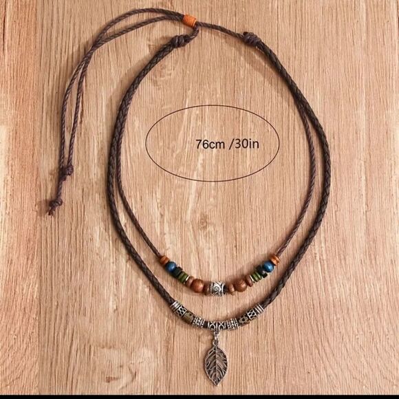 Adjustable Bohemian Necklace layered Leaf Wooden Bead - Picture 3 of 6